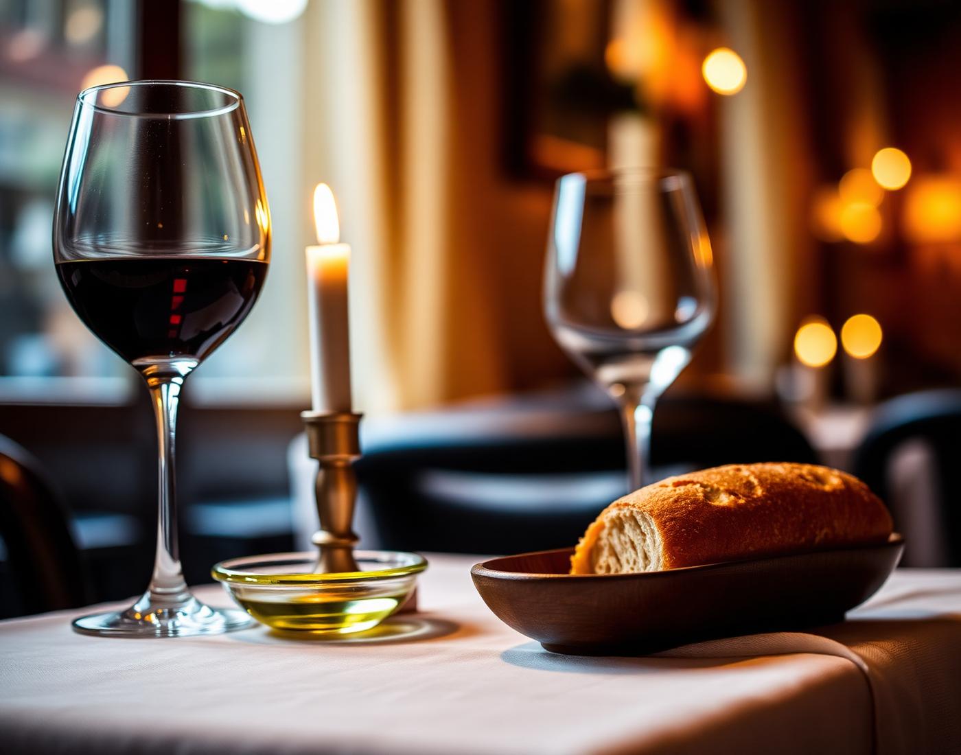 Detalj från restaurangen: vin, ljus och bröd