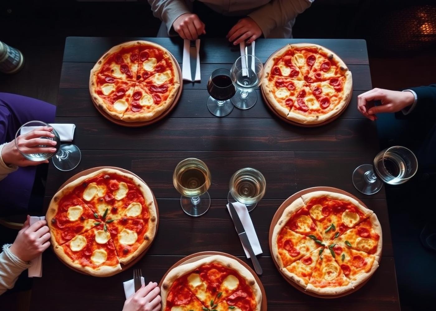 Pizzor på bord med vinglas