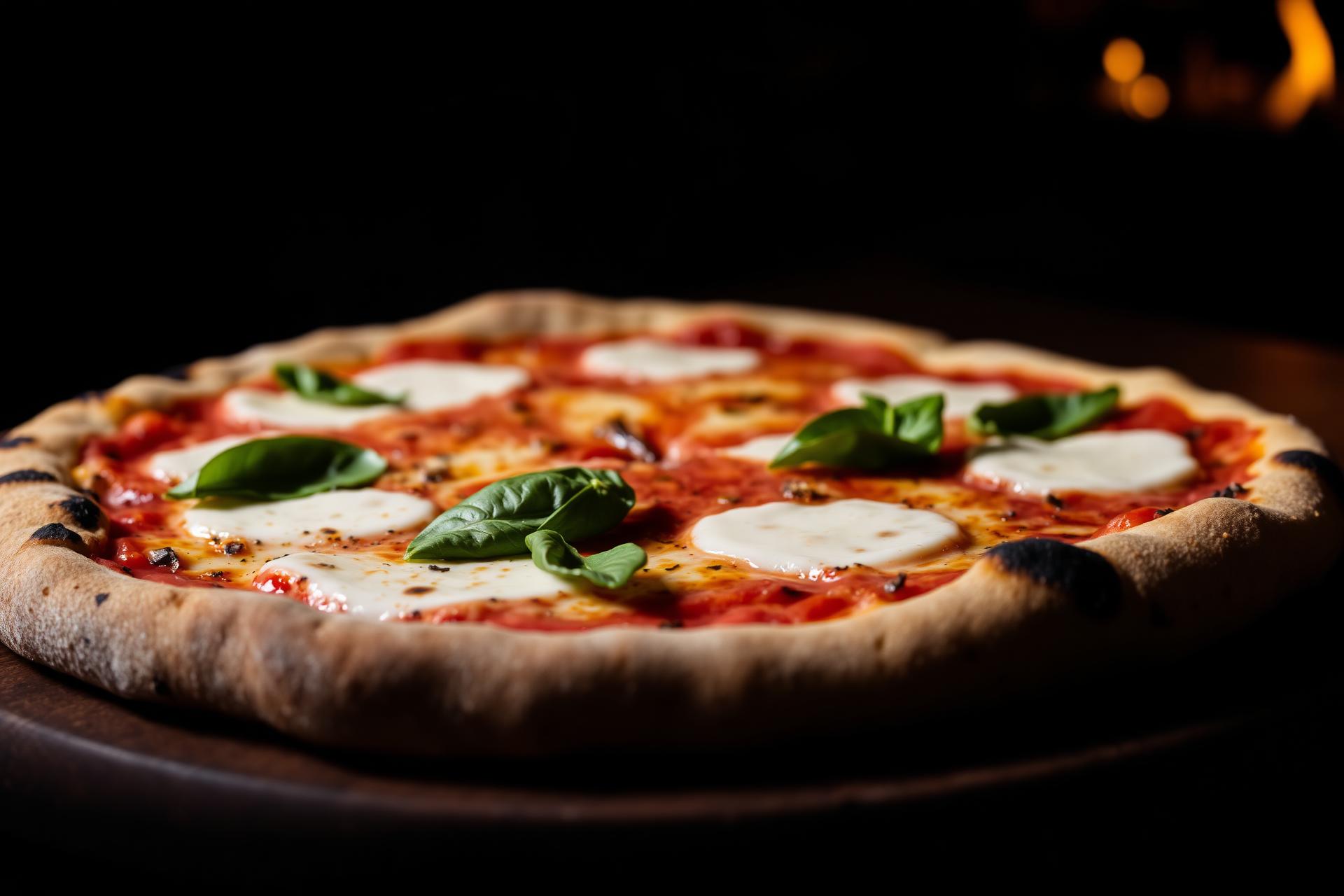Vedugnsbakad Margherita-pizza på mörk träbricka